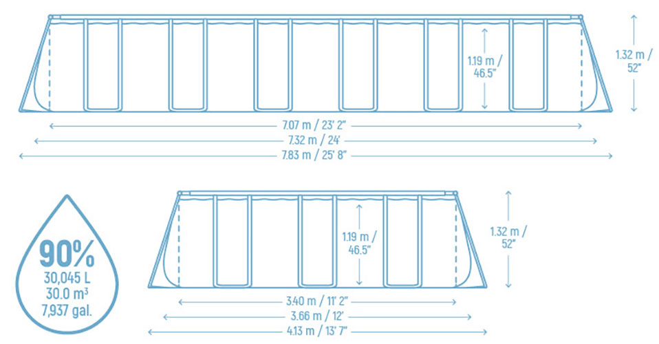 Dimensions piscine APX 365 Bestway 7,32 x 3,66 x h1,32m