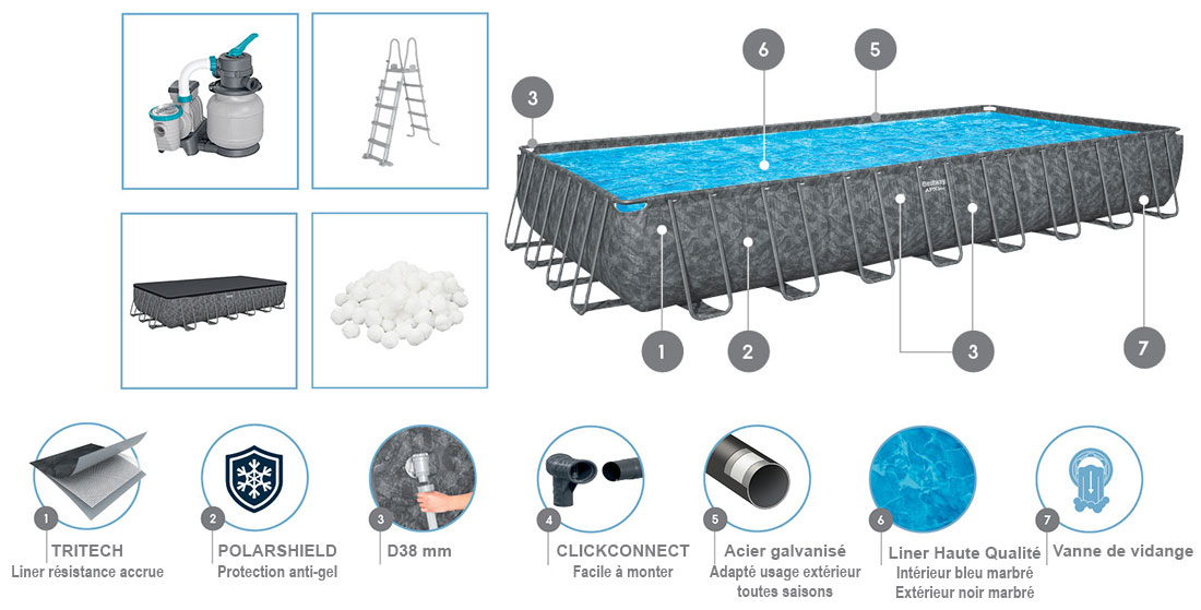 Caractéristiques piscine tubulaire APX 365 Bestway 9,56 x 4,88 x h1,32m