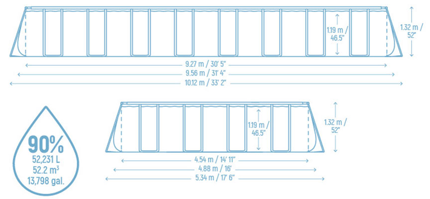 Dimensions piscine APX 365 Bestway 9,56 x 4,88 x h1,32m