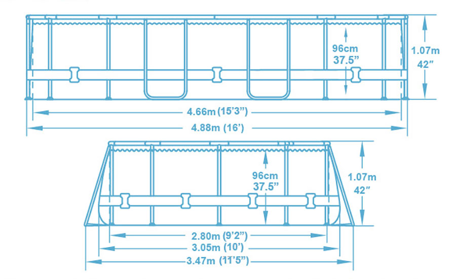 Dimensions piscine Bestway ovale Power Steel 4,88 x 3,05 x h1,07m