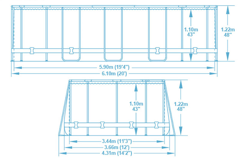 Dimensions piscine tubulaire Bestway Power Steel décor bois 6,10 x 3,66 x h1,22m