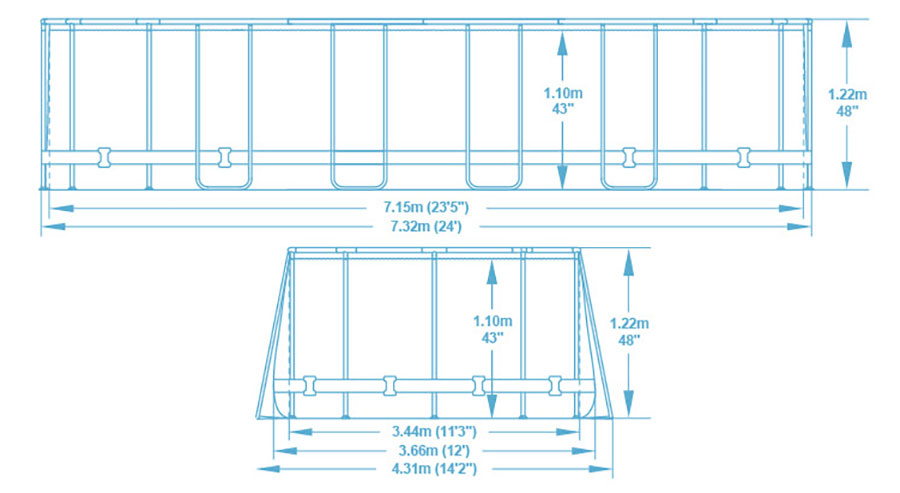 Dimensions piscine tubulaire Bestway Power Steel décor bois 7,32 x 3,66 x h1,22m