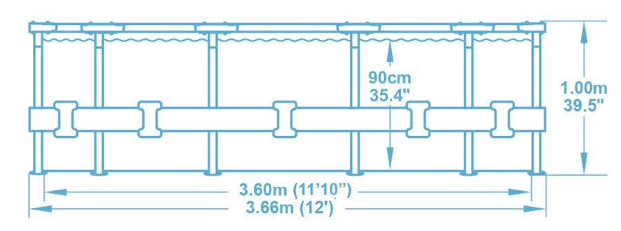 Dimensions Steel Pro Max 3,66 x h1,00m décor bois