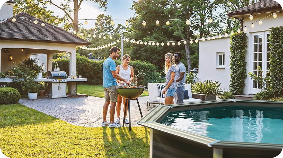 Piscine bois composite Avant Garde 8,04 x 3,86 xh1,24 m dans un jardin moderne