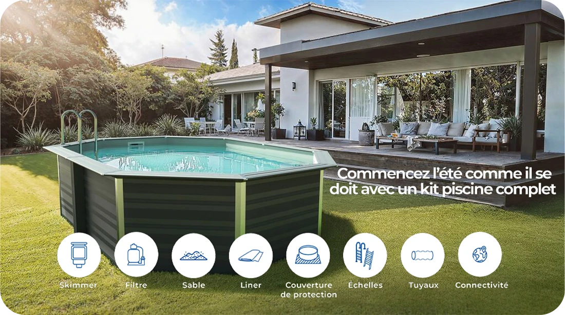 Piscine bois composite Avant Garde Gre 8,04 x 3,86 x h1,24m et ses accessoires inclus