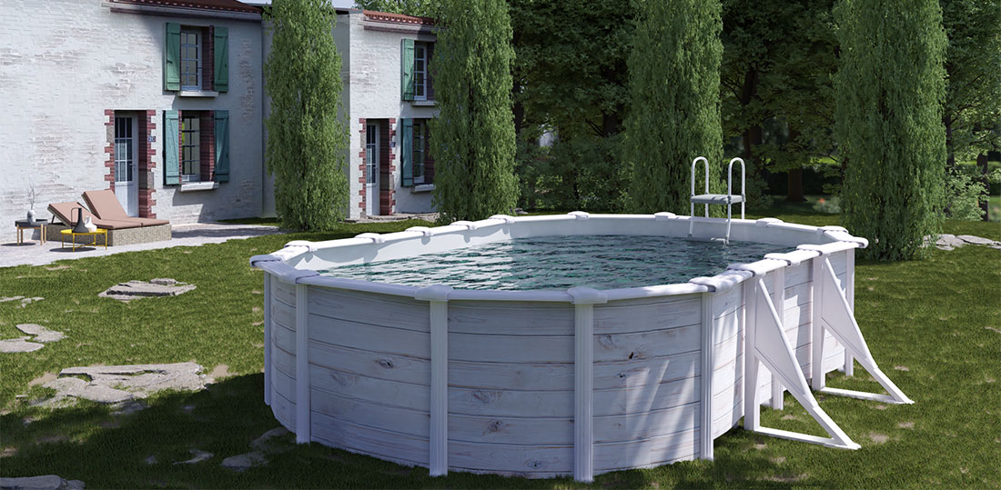 Piscine acier Finlande ovale Gré aspect bois nordique