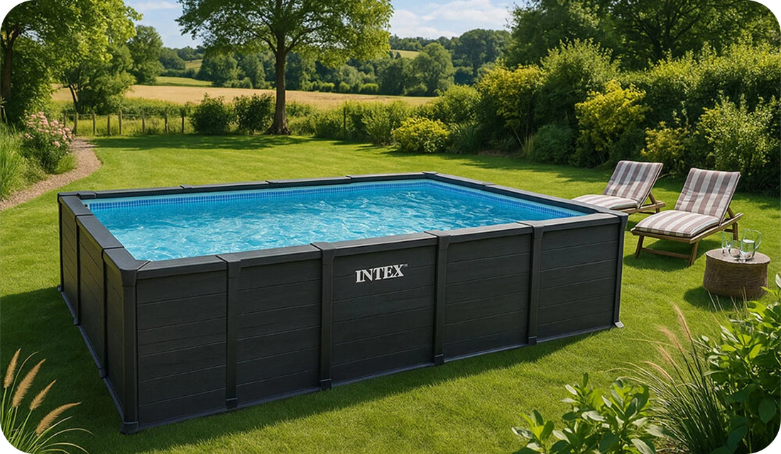Piscine Intex Graphite 6,00 x 3,00 h1,24m rectangulaire dans un jardin spacieux