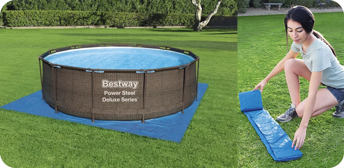 Dépliage et installation du tapis de sol pour piscine Bestway