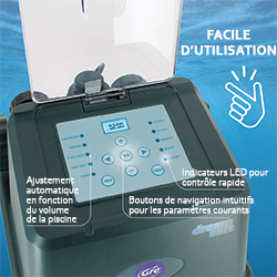 Vue d'ensemble des commande de l'électrolyseur Gre pour piscine hors sol