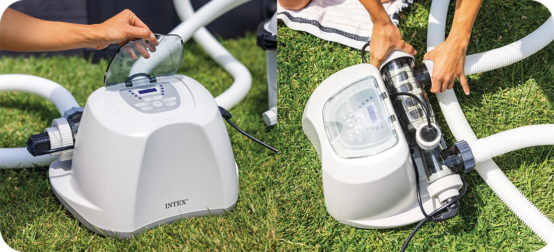 Ecostérilisateur au sel Intex vue d'ensemble boitier de commande et cellule électrolytique